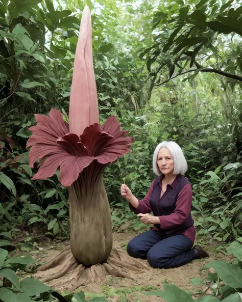 <lora:Amorphophallus_titanum:0.3>, amorphophallus, 66years old woman
