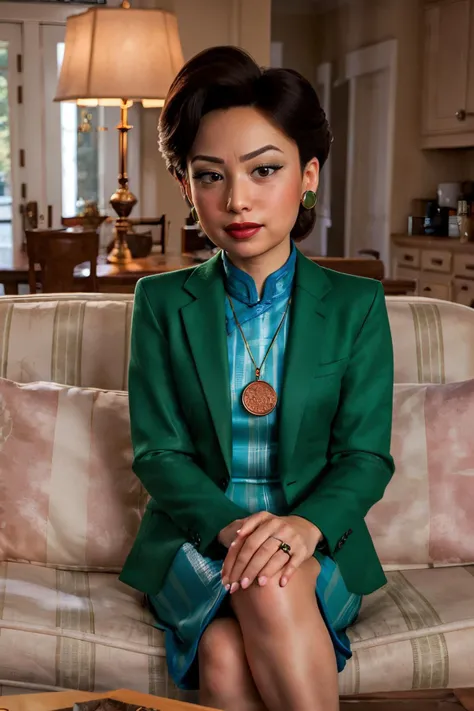 ML, woman, eyeshadow, red lipstick, earrings, blazer, china dress, pendant, looking at viewer, serious, smirk, sitting, legs crossed, on couch, inside cozy living room, lamp, soft lighting, <lora:Ming Lee:.5>