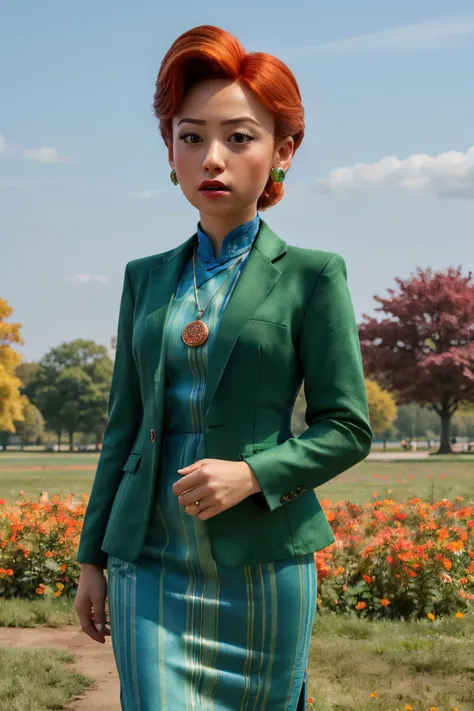 ML, woman, eyeshadow, red lipstick, orange hair, earrings, pendant, blazer, china dress, looking at viewer, serious, standing, outside, park, flowers, field, blue sky, <lora:Ming Lee:.5>