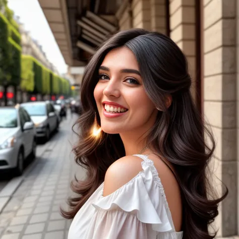 a photo of a 25-year-old woman, pralyco, laughing, professional portrait photo, light curls, blowing hair, having coffee, paris sidewalk <lyco:pralycoLoCon:1.0>