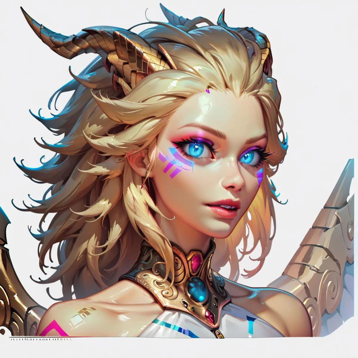 score_9, score_8_up, score_7_up, score_6_up, source_cartoon, 1girl, portrait face, (close up:1.4), white background, concept art, dragon girl, metallic skin, gold skin, yellow skin, shiny skin, glitter, gold metallic wings, long lion tail, blonde hair, r3pt1l3, tribal geometric tribal tattoos, scales for skin, glowing eyes