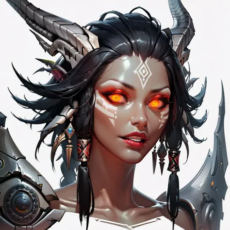 score_9, score_8_up, score_7_up, score_6_up, source_cartoon, 1girl, portrait face, (close up:1.4), white background, concept art, dragon girl, metallic skin, dark skin, black skin, shiny skin, obsidian, obsidian metallic wings, long lion tail, black hair, r3pt1l3, tribal geometric tribal tattoos, scales for skin, glowing eyes