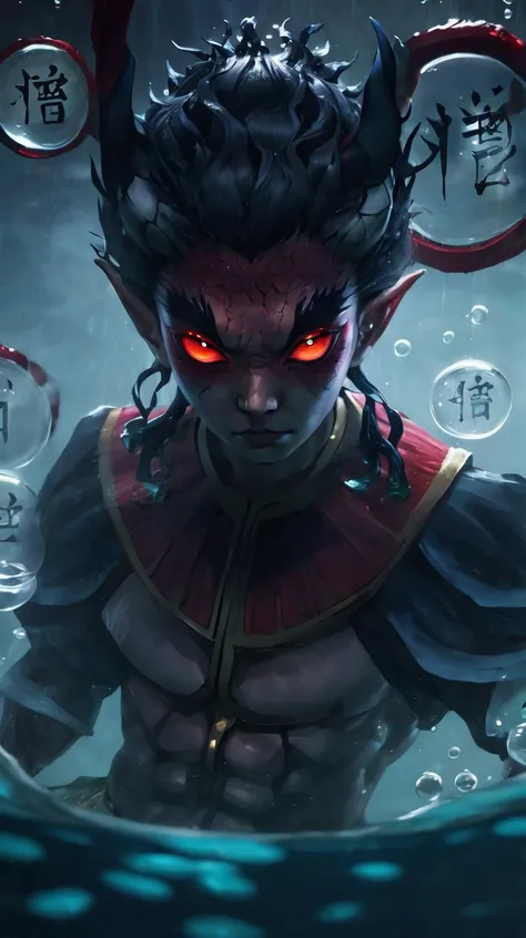highres, 8k, absurdres, detailed, photorealistic, close up, solo, red sclera, (chinese word "æ":1.75) within water bubble, circle, water, glowing red eyes, upper body, (horn:1.3), dark theme,
<lora:PAseer-SDXL-æç天:0.65>
