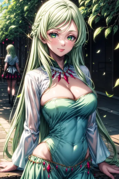 best quality, masterpiece, 1girl, (solo:1.1), raytracing, ultra detailed,detailed face, 8k wallpaper, large breasts, wide hips, <lora:more_details:1>, TreyniTensuraNDV, 1girl, large breasts, (green hair:1.2), very long hair, green dress, necklace, jewerly, petals, vines, leaf, under-eye marks, solo, long hair, smile, dress, jewelry, <lora:TreyniTensuraNDV:0.7>, outdoor