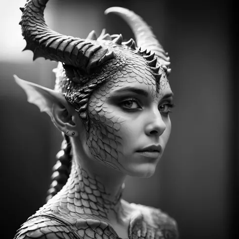 face portrait of a beautiful artdrgn woman with scales as skin, horns, shallow depth of field, blurry background, monochrome, highly detailed, strong shadows,