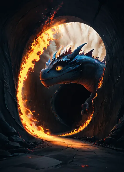 a tunnel with a big artdrgn spitting flames at the end
 <lora:artfullyDRAGON:0.8>  <lora:Cute_3D_Cartoon:0.8> <lora:The_Dark_Side_of_the_Earth:0.8>