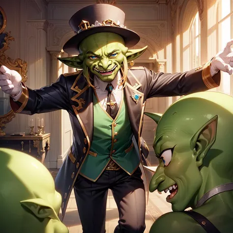 green skin, (goblins wearing suits:1.5), (grn:1.5), tavern. <lora:goblinLora_goblinGrn:1>, goblin, suit, victorian clothes, mustache, smile, cheerful, blue eyes, fancy hats, glorious hair