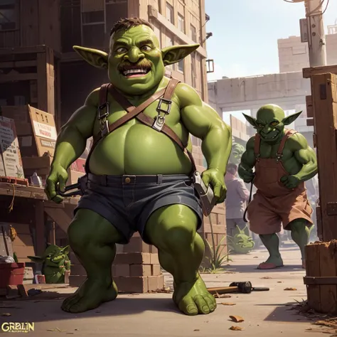1boy, green skin, short, fat, old, ugly, factory, machines, tools, (goblins wearing overalls:1.5), (grn:1.5), silly. <lora:goblinLora_goblinGrn:1>, goblin, mechanic, dirty, grease stained, mustache, smile, cheerful