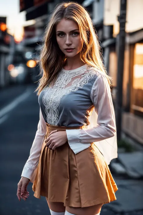 a photo of blonde ysmnkyalln, wearing a (long blouse), (long lace skirt) with thighhighs, attractive standing in the empty alley (sunset), perfect eyes, (realistic skin texture with skin pores), (nice hands, perfect hands), (curvy hips:0.8), photorealistic, rim lighting<lyco:GoodHands-beta2:1.3> <lora:tangbohu-detailer_1.0:1> <lora:epiNoiseoffset_v3:0.5><lyco:YaseminKayAllen:0.8>
