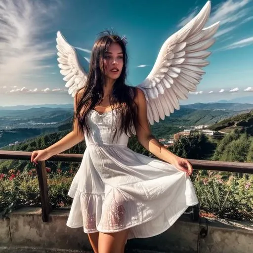 <lora:tresmil:1> a 22 years old woman , <lora:add_detail:1> ,1girl, realistic, solo, (masterpiece:1.2), best quality, ,angel_wings, sun, sky, cloud, open_hands, white dress,
