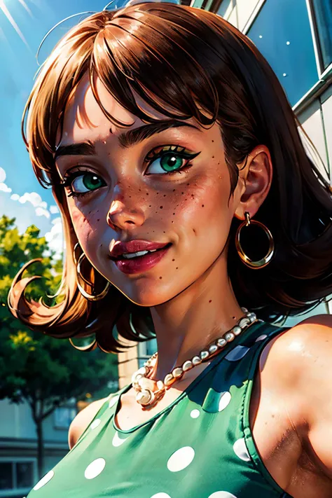 judyneutron,make up, brown hair, pearl necklace, green polka dot dress, looking at viewer, smiling, portrait, outside,blue sky, extreme detail, masterpiece, <lora:Sett_Judy_Neutron:.8>