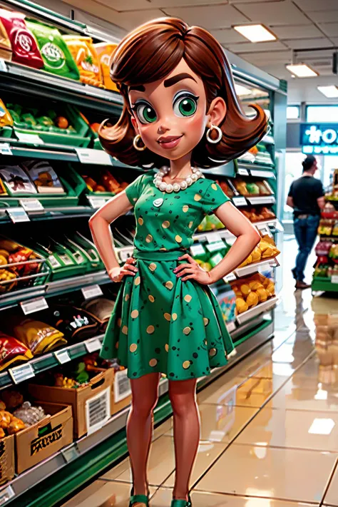 judyneutron,make up, brown hair, pearl necklace, green polka dot dress, green flats, looking at viewer, smiling, full body shot,
standing, hands on hips, inside a grocery store, aisle, bright lighting, extreme detail, masterpiece, <lora:Sett_Judy_Neutron:.8>