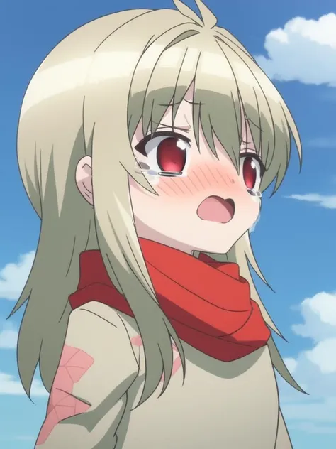 <lora:KidouinMakio:1> KidouinMakio, 1girl, blush, red eyes, long hair, solo, blonde hair, open mouth, sky, scarf, tears, looking at viewer, day, cloud, blue sky,
cowboy Shot,