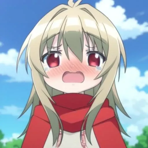 <lora:KidouinMakio:1> KidouinMakio, 1girl, blush, red eyes, long hair, solo, blonde hair, open mouth, sky, scarf, tears, looking at viewer, day, cloud, blue sky
