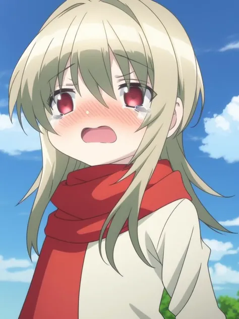 <lora:KidouinMakio:1> KidouinMakio, 1girl, blush, red eyes, long hair, solo, blonde hair, open mouth, sky, scarf, tears, looking at viewer, day, cloud, blue sky,
cowboy Shot,