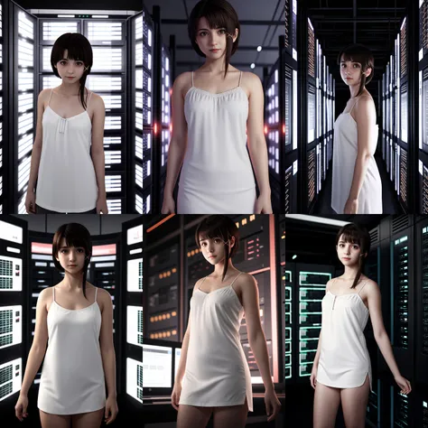 full body realistic photo iwakura lain in a datacenter lit by the cold glow of computer lights, brown eyes, camlain, white camisole,
<lora:Character - Iwakura Lain:1>