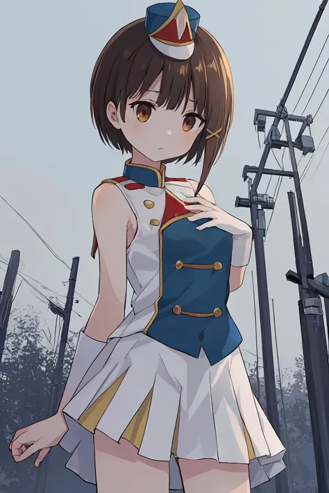 1girl, iwakura lain, brown eyes,  cowboy shot, <lora:lain-v1r1:0.9>, <lora:sunfes-v2:1> sunfes, uniform, mini shako cap, small breasts, expressionless, outdoors, utility pole, transmission tower,