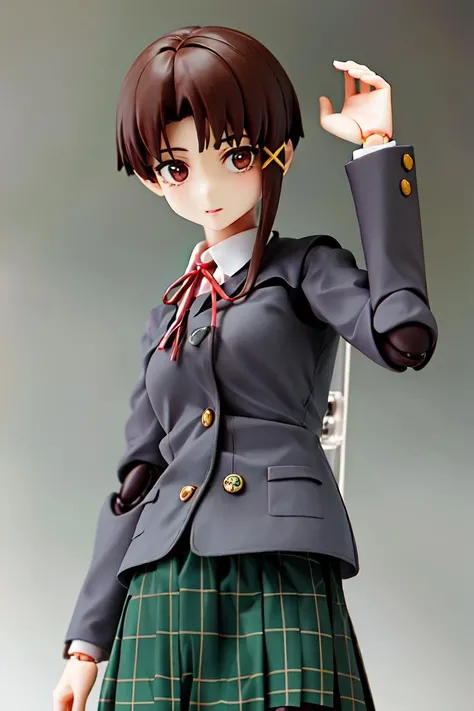 <lora:figma1:1>  (masterpiece, best quality, absurdres:1.2),
photo of a highly detailed (figma) of iwakura lain, brown eyes, (schlain:1.2), grey jacket, plaid skirt, (green skirt:1.2), 1girl, solo, [realistic], rendered in blender
 simple background
<lora:lain-v1r1:0.8>