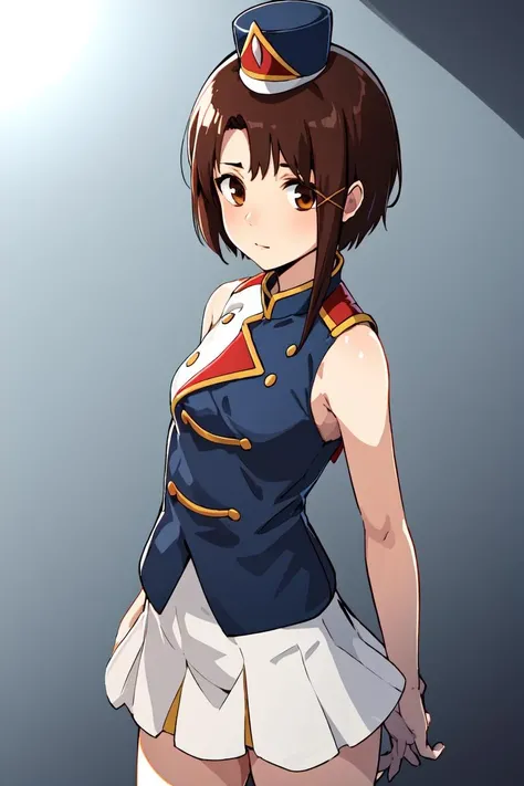 <lora:lain-v1r1:1> iwakura lain, small breasts, brown eyes, <lora:sunfes-v2:0.8> sunfes, uniform, mini shako cap, cowboy shot,