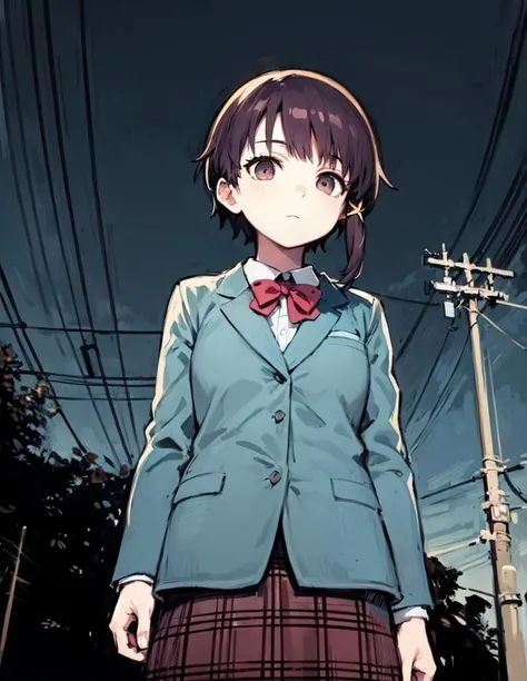masterpiece, best quality
fisheye lens, from below
1girl, <lora:lain-v1r1:0.7> iwakura lain, (schlain:1.1), grey jacket, green skirt, plaid skirt, brown eyes, red bow, expressionless, 
outdoors, (utility pole:1.5)
cloudy sky, dark_sky,