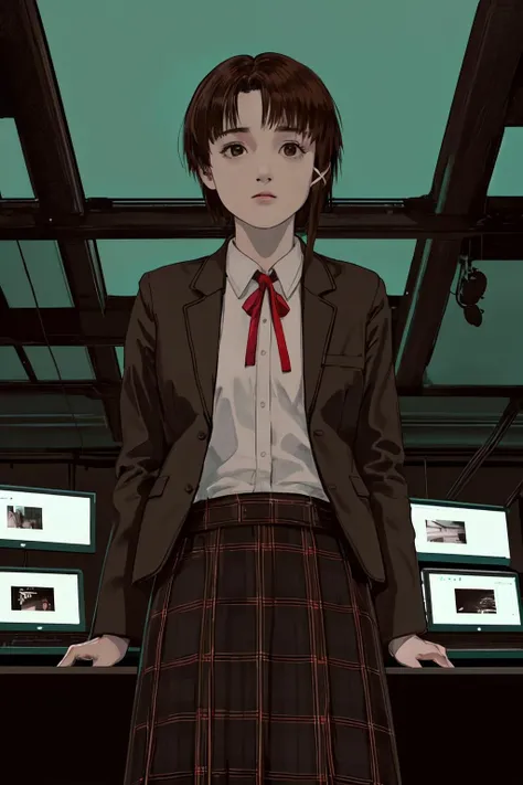 <lora:lain-v1r1:0.9> iwakura lain, brown eyes, (schlain:1.2), grey jacket, plaid skirt, green skirt, computer room, many displays, dark room,from below, neon light, ribbon,hacking, hacker's room, desk, chair, spread arms,
(best quality, masterpiece, RAW photo,ultra-detailed:1.2), <lyco:GoodHands-beta2:1.0>,1girl,solo,looking at viewer,