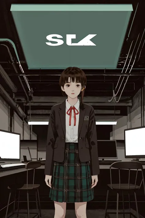 <lora:lain-v1r1:0.9> iwakura lain, brown eyes, (schlain:1.2), grey jacket, plaid skirt, green skirt, computer room, many displays, dark room,from below, neon light, ribbon,hacking, hacker's room, desk, chair, spread arms, dynamic ungle,
(best quality, masterpiece, RAW photo,ultra-detailed:1.2), <lyco:GoodHands-beta2:1.0>,1girl,solo,looking at viewer,