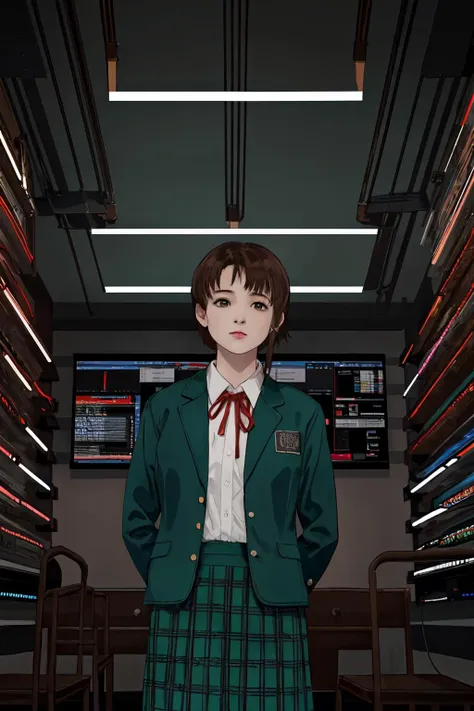 <lora:lain-v1r1:0.9> iwakura lain, brown eyes, (schlain:1.2), grey jacket, plaid skirt, green skirt, computer room, many displays, dark room,from below, neon light, ribbon,hacking, hacker's room, desk, chair, spread arms, dynamic ungle, 
(best quality, masterpiece, RAW photo,ultra-detailed:1.2), <lyco:GoodHands-beta2:1.0>,1girl,solo,looking at viewer,