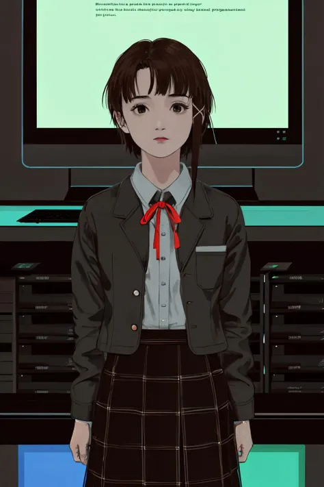 <lora:lain-v1r1:0.9> iwakura lain, brown eyes, (schlain:1.2), grey jacket, plaid skirt, green skirt, computer room, many displays, dark room,from below, neon light, ribbon,hacking, hacker's room, desk, chair, spread arms,
(best quality, masterpiece, RAW photo,ultra-detailed:1.2), <lyco:GoodHands-beta2:1.0>,1girl,solo,looking at viewer,