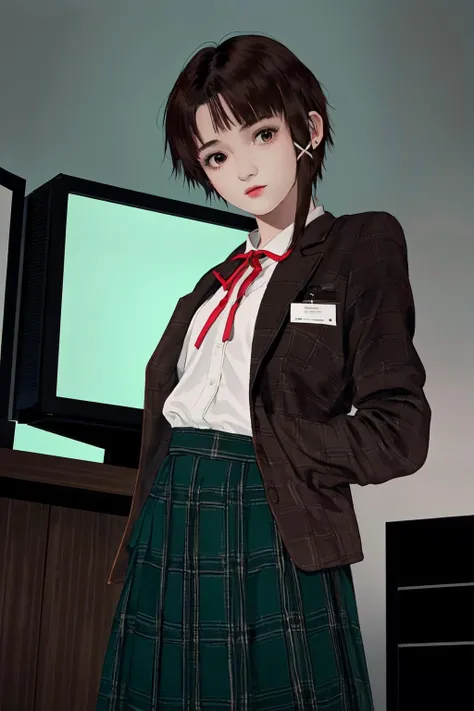 <lora:lain-v1r1:0.9> iwakura lain, brown eyes, (schlain:1.2), grey jacket, plaid skirt, green skirt, computer room, many displays, dark room,from below, neon light, ribbon,hacking, hacker's room, desk, chair,
(best quality, masterpiece, RAW photo,ultra-detailed:1.2), <lyco:GoodHands-beta2:1.0>,1girl,solo,looking at viewer,
