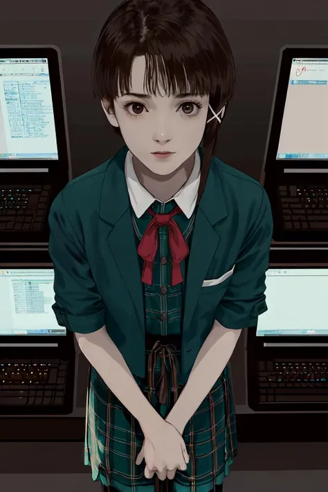 <lora:lain-v1r1:0.9> iwakura lain, brown eyes, (schlain:1.2), grey jacket, plaid skirt, green skirt, computer room, many displays, dark room,from above, neon light, ribbon,hacking, hacker's room,
(best quality, masterpiece, RAW photo,ultra-detailed:1.2), <lyco:GoodHands-beta2:1.0>,1girl,solo,looking at viewer,