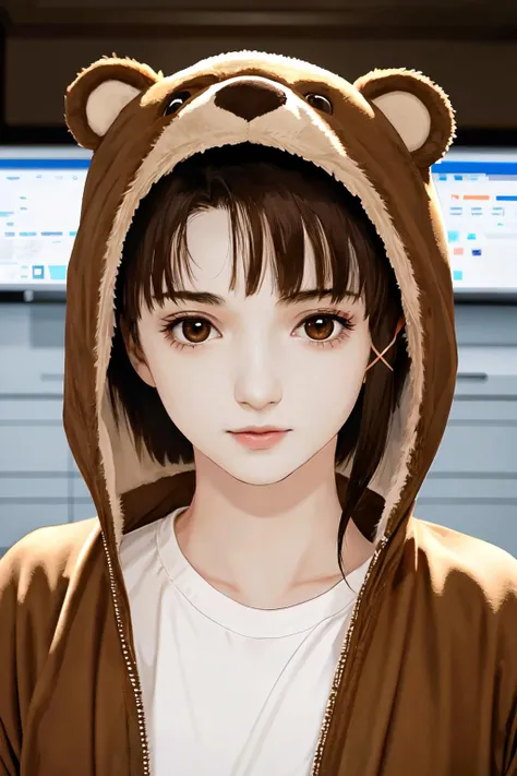<lora:lain-v1r1:0.9> iwakura lain, brown eyes,bealain, animal costume, computer room, facial close-up,dynamic ungle, weather new,
(best quality, masterpiece, RAW photo,ultra-detailed:1.2), <lyco:GoodHands-beta2:1.0>,1girl,solo,looking at viewer,