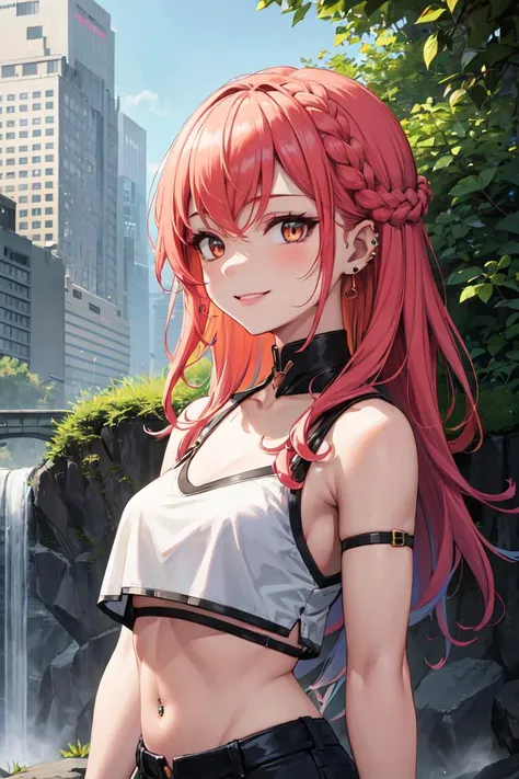 masterpiece, best quality, absurdres, perfect anatomy, 1girl, solo, multicolored hair, waterfall braid, outdoors, city scene, crop top, portrait, edgEarPiercing, ear piercing, smile, <lora:edgEarP_LoRA:0.7>