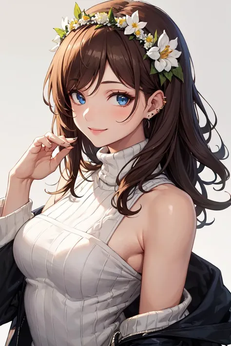 masterpiece, best quality, absurdres, perfect anatomy, 1girl, solo, brown hair, blue eyes, loose bohemian waves with a flower crown, turtleneck sweater, edgEarPiercing, ear piercing, smile, <lora:edgEarP_LoRA:0.7>