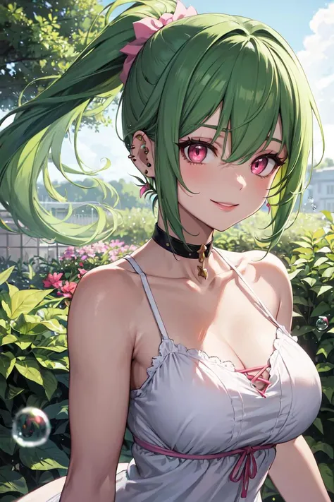 masterpiece, best quality, absurdres, perfect anatomy, 1girl, solo, green hair, pink eyes, bubble ponytail, outdoors, garden, sundress, portrait, edgEarPiercing, ear piercing, smile, <lora:edgEarP_LoRA:0.7>