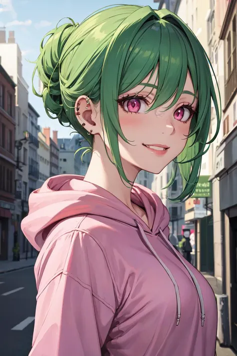 masterpiece, best quality, absurdres, perfect anatomy, 1girl, solo, green hair, pink eyes, french twist, outdoors, city scene, hoodie, portrait, edgEarPiercing, ear piercing, smile, <lora:edgEarP_LoRA:0.7>