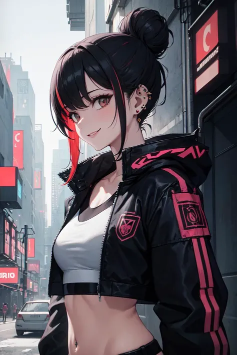 masterpiece, best quality, absurdres, perfect anatomy, 1girl, solo, multicolored hair, hairbun, outdoors, city scene, dark, contrast, abstract, cyberpunk, jacket, crop top, portrait, edgEarPiercing, ear piercing, smile, <lora:edgEarP_LoRA:0.7>