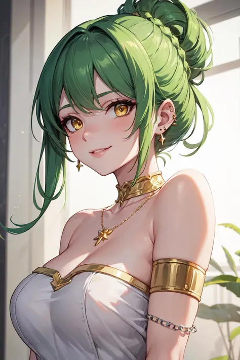 masterpiece, best quality, absurdres, perfect anatomy, 1girl, solo, green hair, yellow eyes, top knot with braided detail, palace, elegant, party dress, jewelry, necklace, armlet, gold, silver, chains, smile, portrait, edgEarPiercing, ear piercing, <lora:edgEarP_LoRA:0.7>