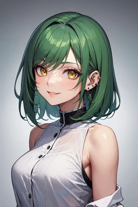 masterpiece, best quality, absurdres, perfect anatomy, 1girl, solo, green hair, yellow eyes, portrait, shirt, edgEarPiercing, ear piercing, smile, <lora:edgEarP_LoRA:0.7>