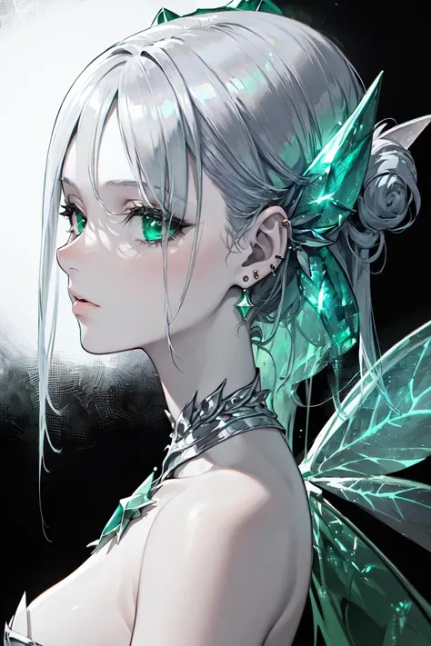 masterpiece, best quality, absurdres, perfect anatomy, 1girl, solo, (((emerald, silver, glimmer)), faerie), limited palette, contrast, phenomenal aesthetic, best quality, sumptuous artwork, silver, green, portrait, edgEarPiercing, ear piercing, <lora:edgEarP_LoRA:0.7>