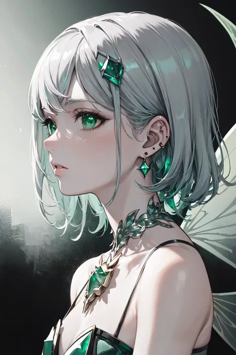 masterpiece, best quality, absurdres, perfect anatomy, 1girl, solo, (((emerald, silver, glimmer)), faerie), limited palette, contrast, phenomenal aesthetic, best quality, sumptuous artwork, silver, green, portrait, edgEarPiercing, ear piercing, <lora:edgEarP_LoRA:0.7>