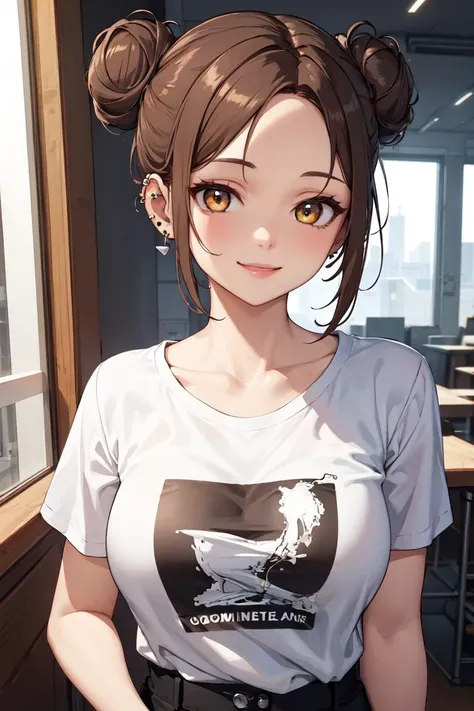 masterpiece, best quality, absurdres, perfect anatomy, 1girl, solo, brown hair, amber eyes, messy double buns, t-shirt, edgEarPiercing, ear piercing, smile, <lora:edgEarP_LoRA:0.7>