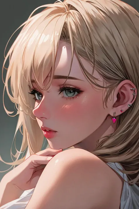 ((Masterpiece, best quality,photography, detailed skin, realistic, photo-realistic, 8k, highly detailed, full length frame, High detail RAW color art, diffused soft lighting, shallow depth of field, sharp focus, hyperrealism, cinematic lighting,close up)),
edgEarPiercing, blonde woman,  solo,1girl, piercing, ring, heart shaped ear piercing, wearing edgEarPiercing,
 <lora:edgEarP:0.7>