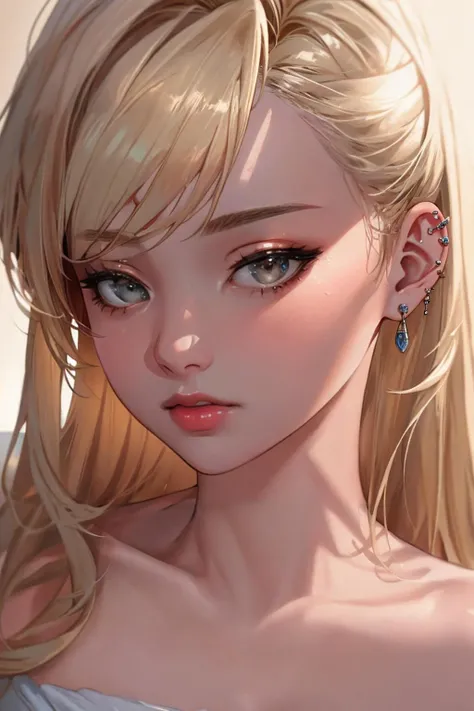 ((Masterpiece, best quality,photography, detailed skin, realistic, photo-realistic, 8k, highly detailed, full length frame, High detail RAW color art, diffused soft lighting, shallow depth of field, sharp focus, hyperrealism, cinematic lighting,close up)),
edgEarPiercing, blonde woman,  solo,1girl, piercing, ring, heart shaped ear piercing, wearing edgEarPiercing,
 <lora:edgEarP:0.7>