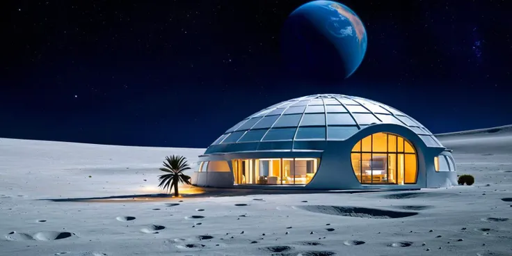 Photo of a futuristic house with a dome-shaped structure situated on the lunar surface. The house has large, round windows with warm, inviting lights glowing from within. A palm tree stands nearby, adding an element of surrealism to the otherwise barren, cratered landscape of the moon. In the background, Earth is visible, floating majestically in the dark, star-filled sky. The overall scene combines elements of modern architecture with an extraterrestrial setting.