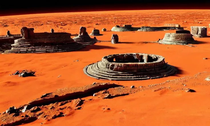A photo of ancient roman ruins on the surface of mars