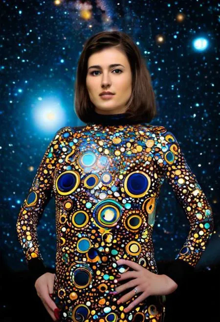 european woman dressed up in a bodysuit with abstract circular patterns, in the background there is the milky way