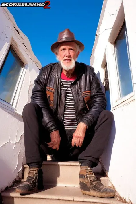 closeup on a crazy old man face, he is wearing a leather jacket with a hat and a t-shirt, he is on the stairs of an abandonned house, sunny day with blue sky, the windows of the house are in white wood with cracks