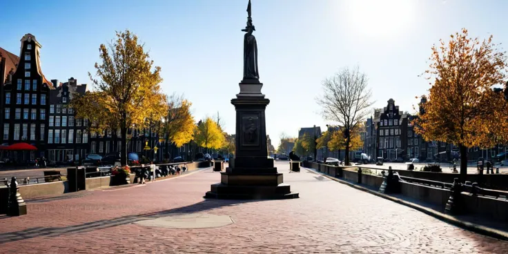 photo of an european city in the style of Amsterdam, there is a monument in the center of a public place