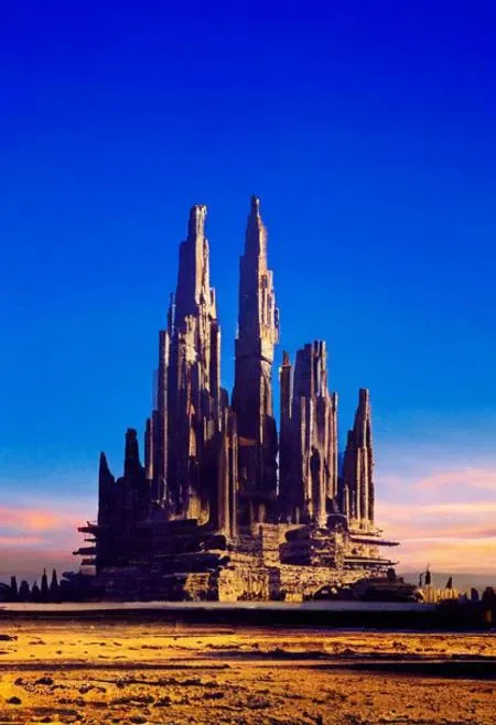 The image is a photo of a futuristic city in the middle of a desert-like landscape. The city is made up of multiple tall buildings with multiple levels and structures, all of which appear to be made of concrete or stone. The buildings are arranged in a symmetrical pattern, with the tallest building in the center and the smaller ones on either side. The sky is a deep blue, with a few wispy clouds scattered across it. The ground is covered in dry grass and shrubs, and there are a few trees scattered throughout the landscape. In the background, there is a city skyline with tall buildings and skyscrapers. The overall mood of the image is eerie and mysterious.