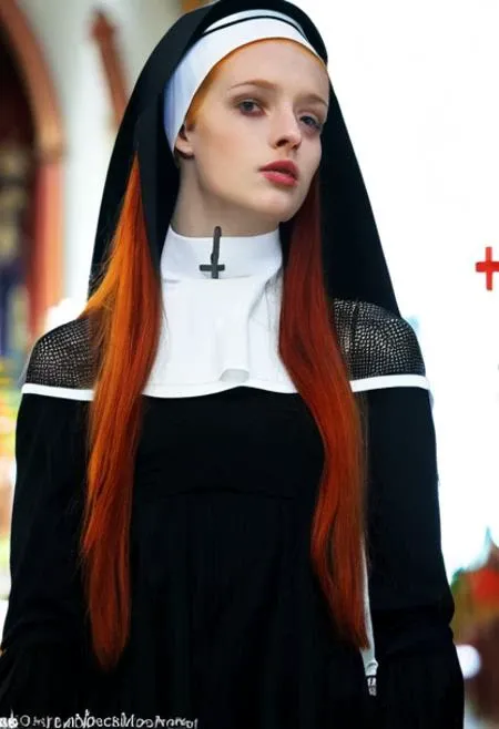 young 20 years old woman wearing a sexy nun dress, she has red hair falling down her shoulders, the background is blurred but there is a church with intricate details